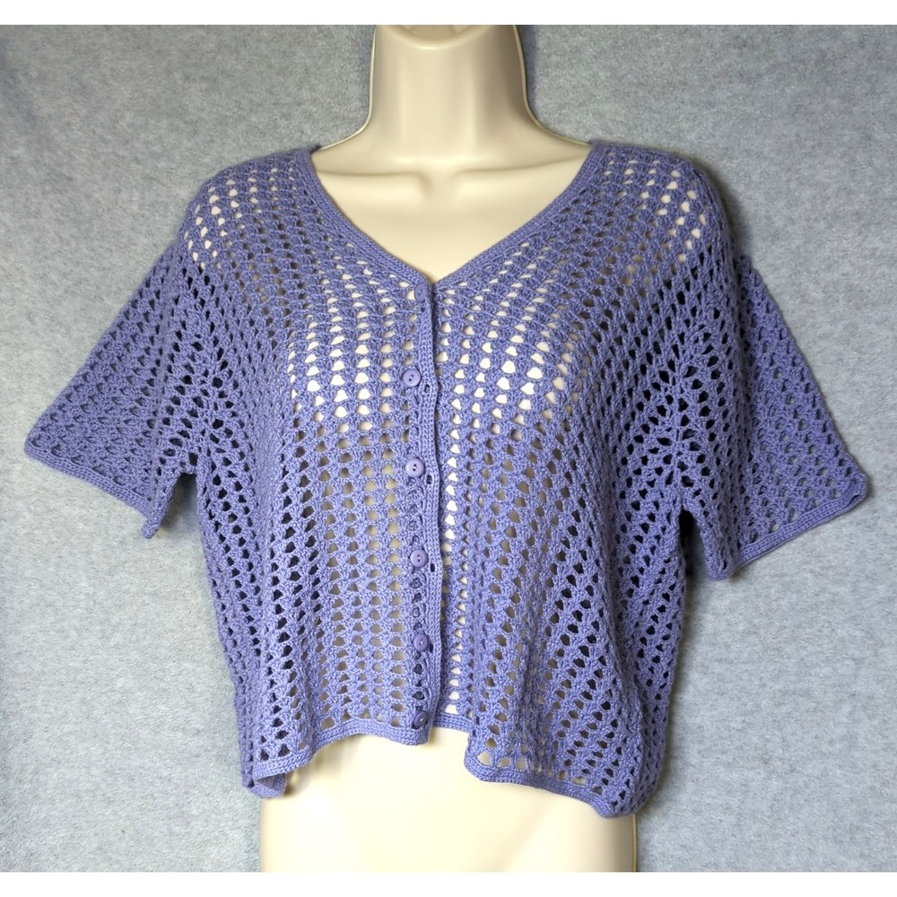 NORTON McNaughton L Cardigan Sweater Purple Crochet Shrt Sleeve Color Trend Chic